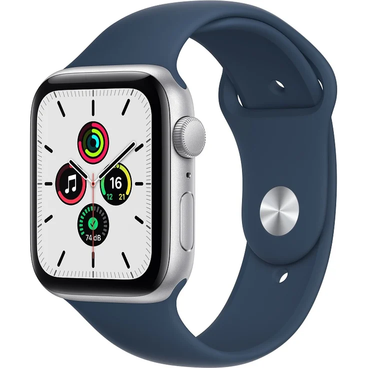 Apple Watch SE 2020 (1. Generation) Smartwatch GPS, 44mm, Aluminiumgehäuse Silber, Sportarmband Abyssblau – Bild 1