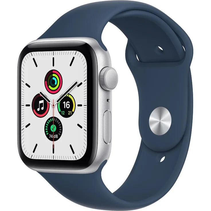 Apple Watch SE 2020 (1. Generation) Smartwatch GPS, 44mm, Aluminiumgehäuse Silber, Sportarmband Abyssblau