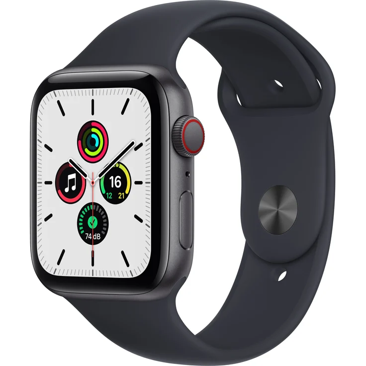 Apple Watch SE 2020 (1. Generation) Smartwatch GPS + Cellular, 44mm, Aluminiumgehäuse Space Grau, Sportarmband Mitternacht – Bild 1