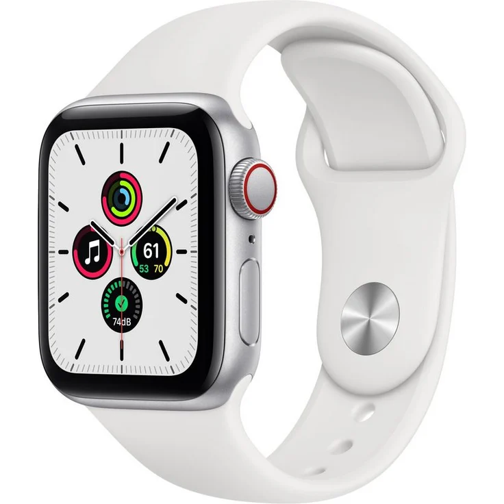 Apple Watch SE 2020 (1. Generation) Smartwatch GPS + Cellular, 44mm, Aluminiumgehäuse Silber, Sportarmband Weiß – Bild 1
