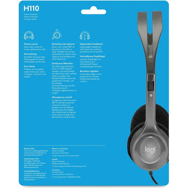 Logitech H110 Kopfhörer mit Mikrofon, Stereo-Headset, Verstellbares Mikrofon mit Rauschunterdrückung, Verstellbarer Kopfbügel, Audio-Mikrofon Dualanschluss mit zwei 3,5mm Klinken, PC/Mac/Laptop – Bild 7