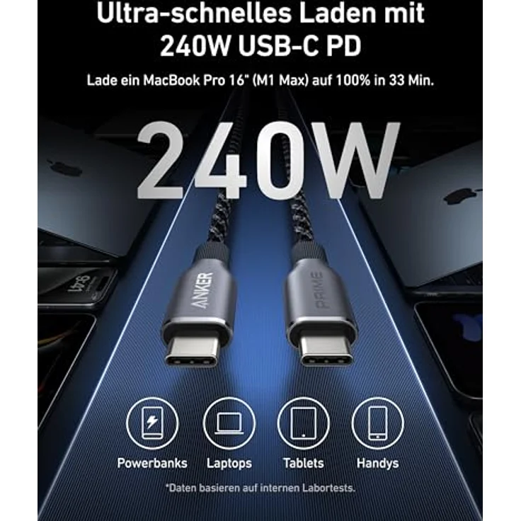 Anker Prime USB C auf USB C Kabel, 240W 180cm Schnellladekabel USB C, Upcycled Nylon im Flecht-Design, 100 Jahre Haltbarkeit, für iPhone 15/15 Pro/15 Pro Max/15 Plus, MacBook, Galaxy S24 – Bild 2