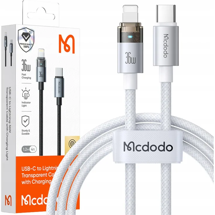 MCDODO USB-C Kabel für schnelles Laden, kompatibel mit iPhone (Lightning), 36W, 1 Meter, mit LED, weiß