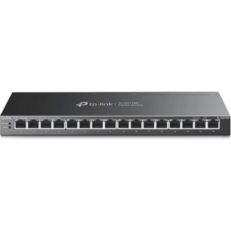 TP-Link TL-SG116P 16-Port Gigabit PoE Switch(120 Watt, IEEE-802.3af/at PoE, lüfterlos, Plug-and-Play, Robustes Metallgehäuse) Schwarz – Bild 2