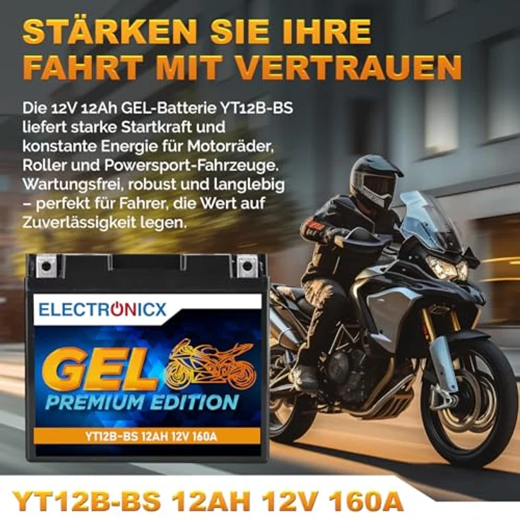 Electronicx GEL-YT12B-BS Motorradbatterie 12Ah 12V, wartungsfrei und vibrationsfest für Motorrad, Roller, Quad und ATV – Bild 2