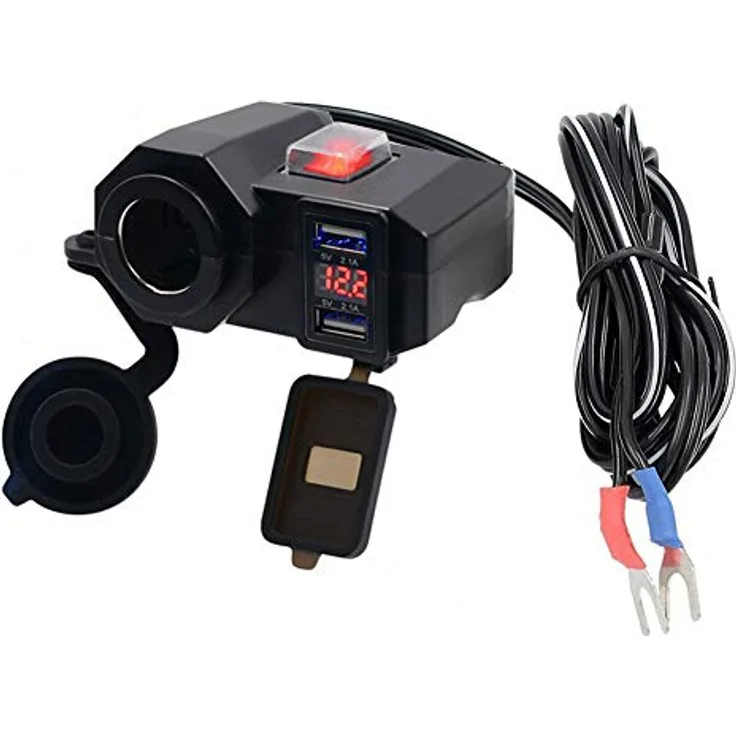 Bolwins D74C Motorrad USB Steckdose Zigarettenanzünder, wasserdicht mit 2x USB (5V/2,1A) und Spannungsanzeige, schwarz