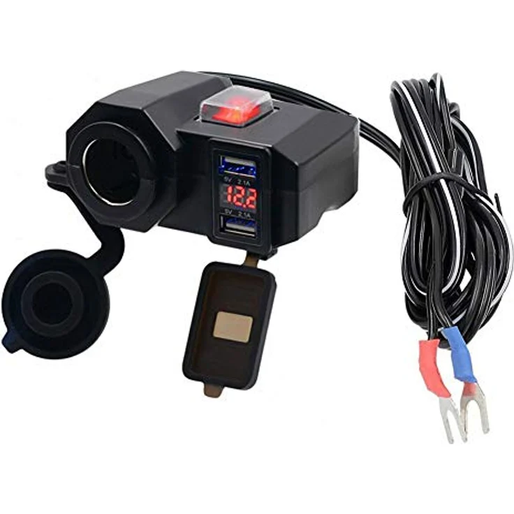 Bolwins D74C Motorrad USB Steckdose Zigarettenanzünder, wasserdicht mit 2x USB (5V/2,1A) und Spannungsanzeige, schwarz – Bild 1