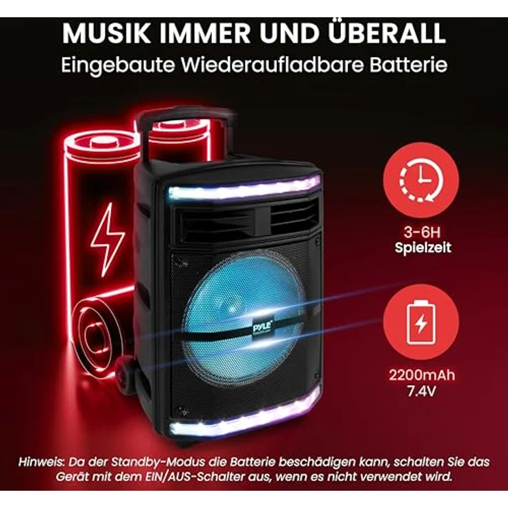 Pyle PPHP1044B Partybox, Bluetooth Lautsprecher mit 600W Leistung, 10" Subwoofer, tragbar, wiederaufladbarer Akku – Bild 5