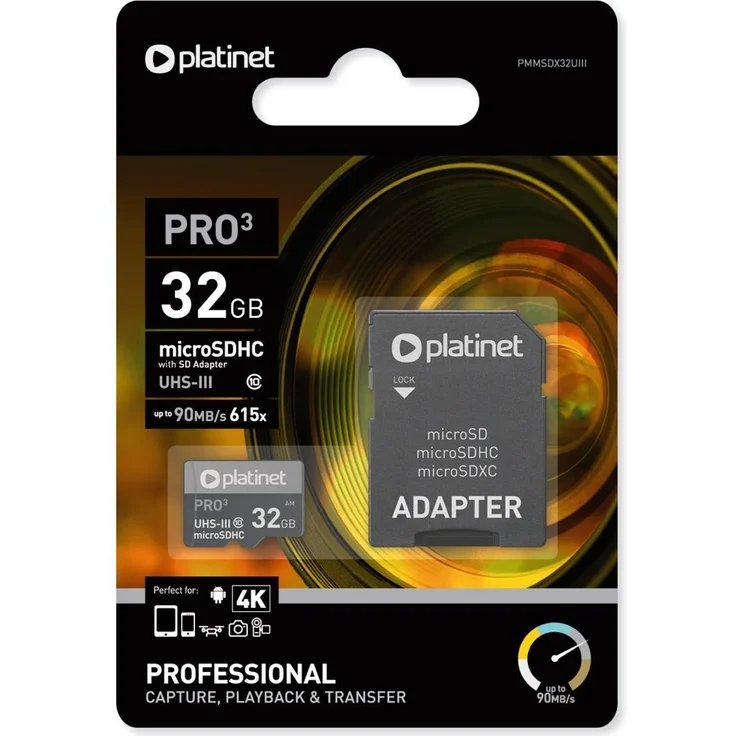 Platinet microSDHC 32 GB Class 10 U3 V30, Hochgeschwindigkeits-Speicherkarte mit SD Adapter für 4K Videoaufnahmen