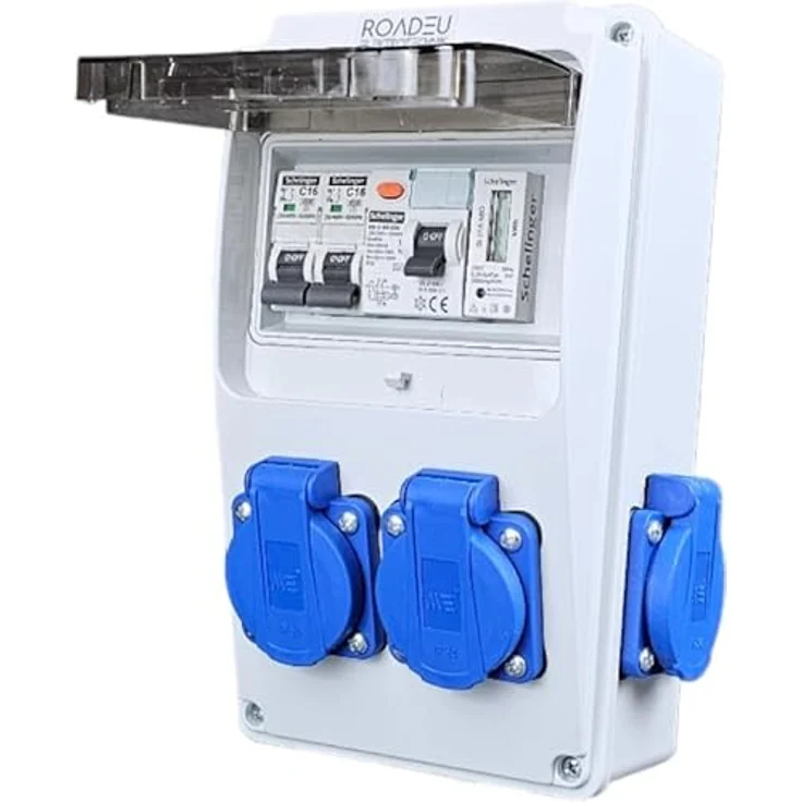 RoadEu Stromverteiler 230V mit Zähler, 4x Schuko, Fi Schutzschalter 40A, 2x Leistungsschalter C16A - IP44, Digitaler Stromzähler, Hutschiene – Bild 1