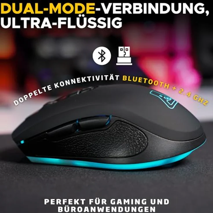 THE G-LAB Kult Krypton, Kabellose Gaming-Maus mit 6400 DPI, Bluetooth & 2.4 GHz, RGB-Beleuchtung, wiederaufladbare Batterie, 7 Tasten, leicht, beidhändig, schwarz – Bild 3
