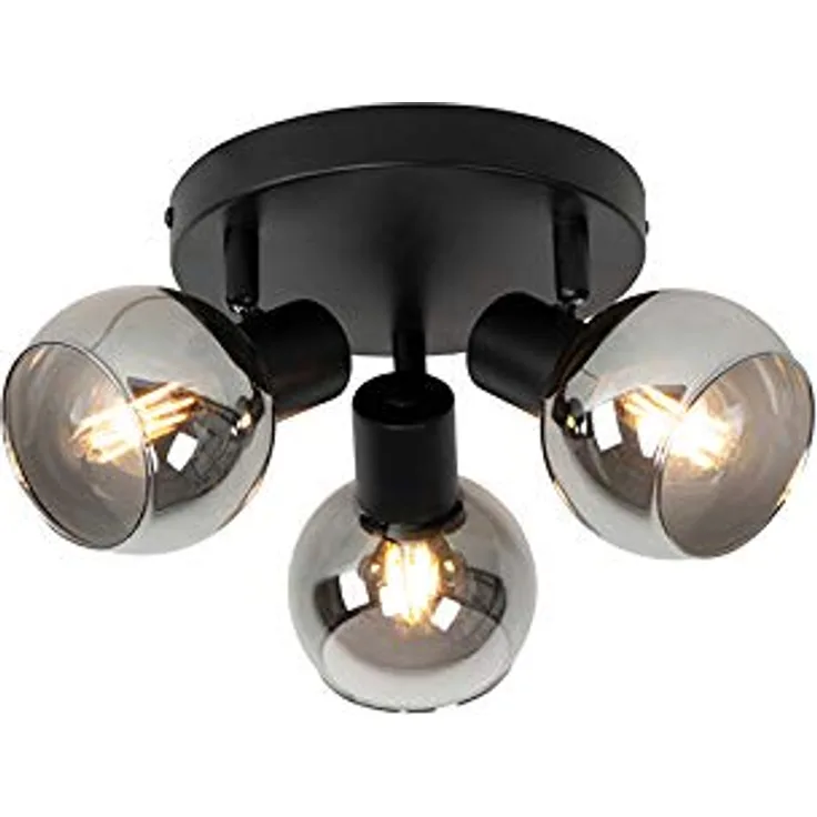 Qazqa Art Deco Deckenleuchte Schwarz 3-flammig Spotbalken mit Rauchglas - LED geeignet E14