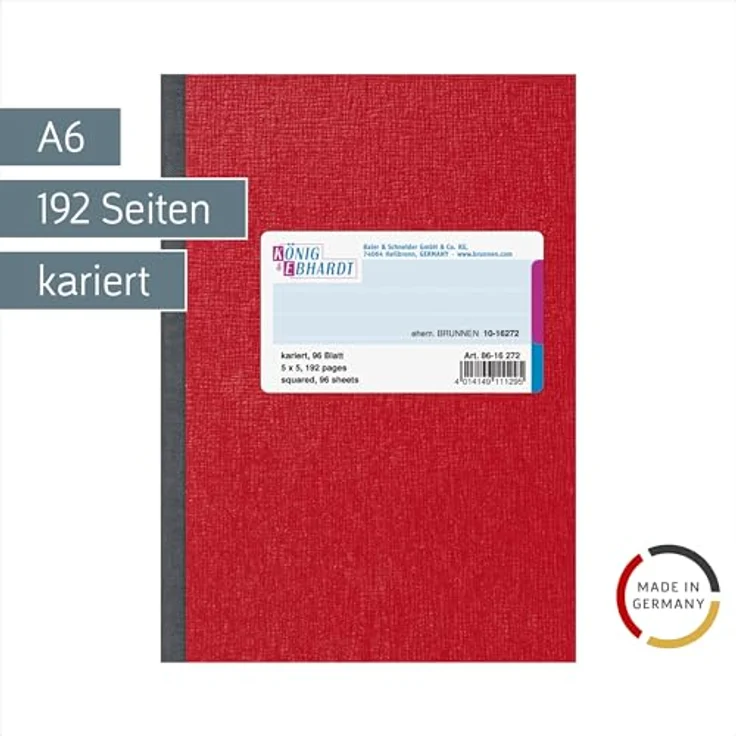 König & Ebhardt Notizblock Kladde DIN A6, 96 Blatt kariert, glanzlackierter roter Karton mit Strukturprägung – Bild 2