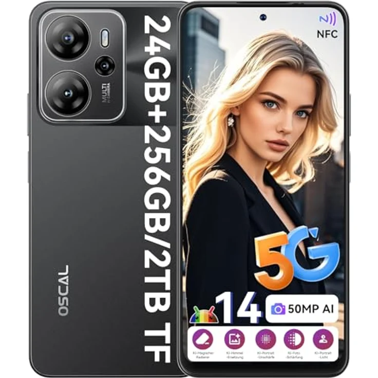 OSCAL Tiger 13 5G Handy ohne Vertrag, 24GB+256GB/2TB, Android 14 Smartphone 6.67" HD+ 90Hz, 50MP Kamera, 4K Video, 5000mAh - Schwarz – Bild 1