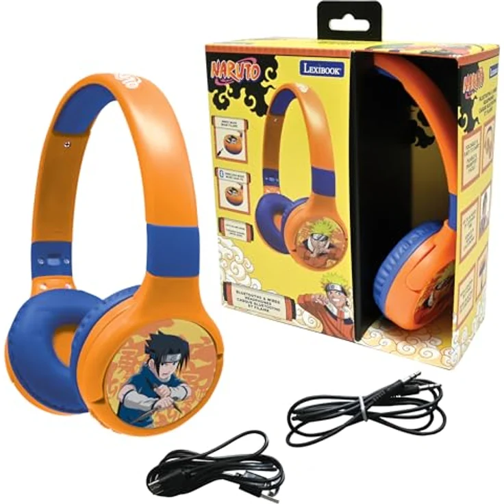 Lexibook Naruto HPBT010NA, 2-in-1 Bluetooth & kabelgebundene Kopfhörer mit Mikrofon, faltbar, verstellbar, orange/blau, kindersicherer Klang, langlebiger Akku – Bild 1