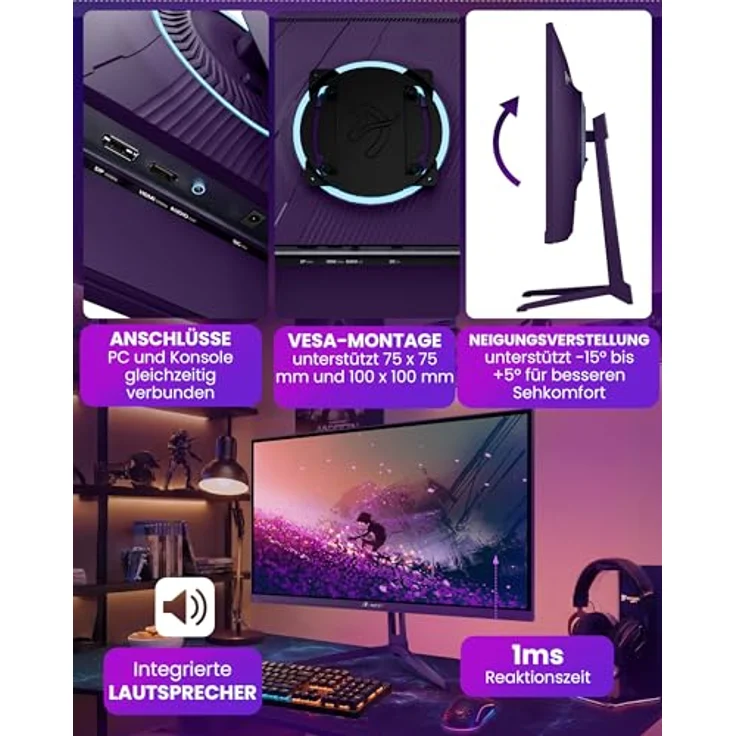 Arozzi Gaming Monitor Nova 24", IPS 200Hz, Full HD 1080p, Adaptive Sync, HDR10, 99% sRGB, flimmerfrei, lila – Bild 3