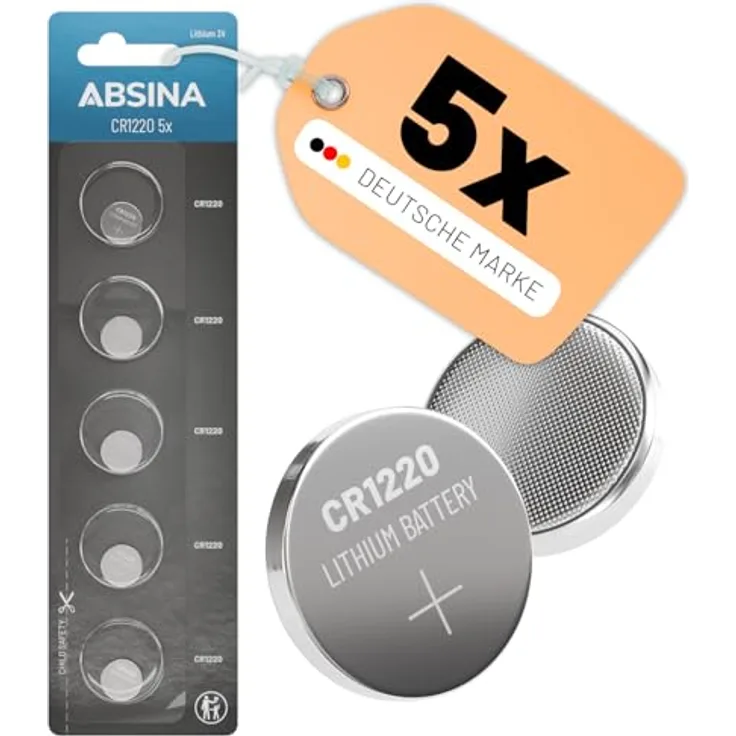 ABSINA CR1220 Knopfzelle 3V Lithium, 5er Pack - auslaufsicher, lange Haltbarkeit, perfekt für Autoschlüssel, Uhren und medizinische Geräte