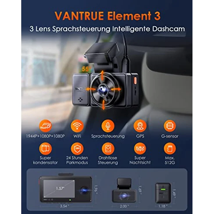 VANTRUE E3 3 Lens 2.7K Dashcam mit 5GHz WiFi, 1944P+1080P+1080P Dash Cam, Sprachsteuerung Dashcam Auto Vorne Hinten, IR Nachtsicht, 24Std. Puffer Parkmodus Autokamera, Loopaufnahme, Max 512G – Bild 3