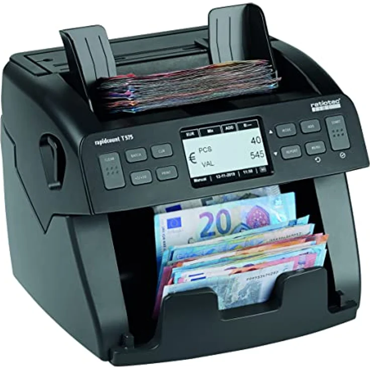ratiotec rapidcount T 575, Banknotenzählmaschine mit Echtheitsprüfung, Stück- und Wertzähler für mittlere Zählvolumen, ideal für EUR, GBP, CHF, USD, Druckfunktion, hochwertiges Display – Bild 1
