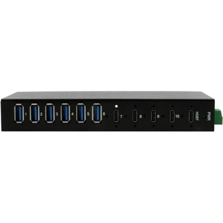 Exsys EX-12290HMS 10 Port USB 3.2 Gen 2x1 Metall HUB mit 4X USB-C und 6X USB-A 3.2 Gen 1 Ports, für Tisch, Wand und DIN-Rail Montage, 15KV ESD Überspannungsschutz, bis zu 2,4A pro Port, Metall-Gehäuse