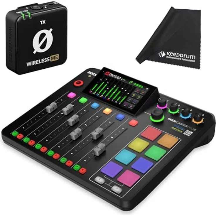 RØDE Rodecaster Pro II Podcast Station + Wireless ME-TX Drahtlos-Mikrofon + keepdrum Mikrofasertuch - Ideal für Podcaster; Streamer; Musiker; Content-Creator - Wi-Fi und Ethernet-Anschluss / Bluetooth, Integrierte Effekte - 4 Audio-Eingänge, Dual USB-Audio Interface - + WIME TX Sendemodul + keepdrum Mikrofasertuch – Bild 1