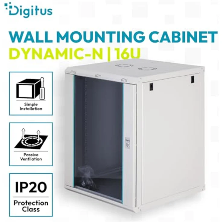 DIGITUS Netzwerkschrank Dynamic-N, 19-Zoll Rack 16HE, unmontiert, Wandmontage, 600 mm Tiefe, 60 kg Traglast, abschließbare Glastür, grau – Bild 2