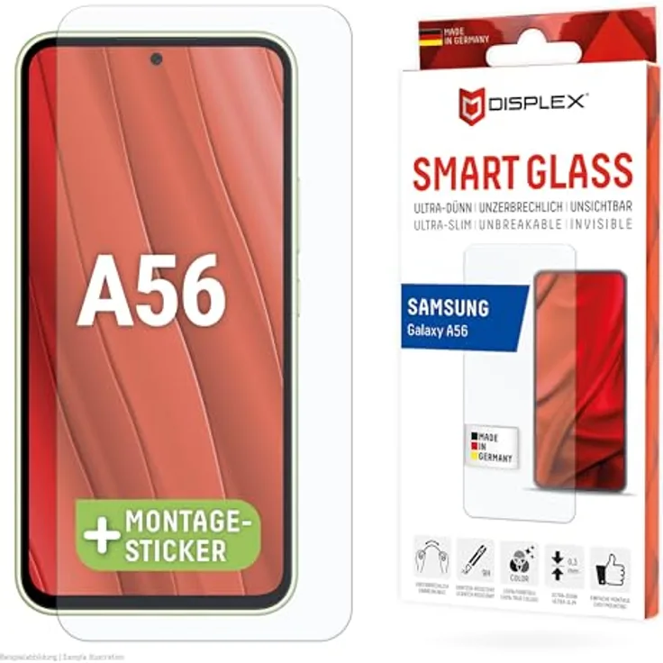 Displex Schutzglas für Samsung Galaxy A56, Tempered Glas, kratzer-resistente Schutzfolie, hüllenfreundlich (Smart Glass Ultra-Slim)