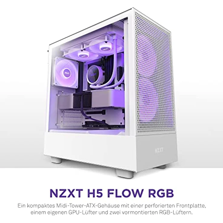 NZXT H5 Flow RGB - CC-H51FW-R1 - ATX Mid-Tower Gaming PC-Gehäuse - USB-C Port - Mesh Front- & Tempered Glass Seitenteil - 2X F-Series 140mm Core RGB Fans inklusive - Wasserkühlung Ready - Weiß – Bild 3