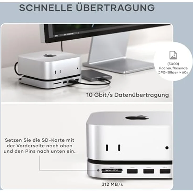 SATECHI Mac Mini M4 Hub & Stand mit NVMe SSD-Gehäuse – 5-in-1 Dock mit 2x USB-A 10 Gbps, Datenport, SD-Kartenleser – Silber – Bild 4
