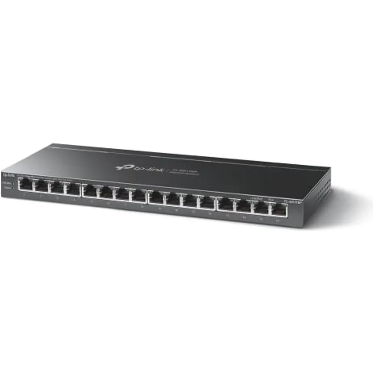 TP-Link TL-SG116P 16-Port Gigabit PoE Switch(120 Watt, IEEE-802.3af/at PoE, lüfterlos, Plug-and-Play, Robustes Metallgehäuse) Schwarz – Bild 1