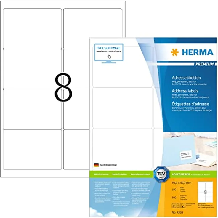 Versandetiketten, 100 Blatt, 99,1 x 67,7 mm, 8 Stück pro A4 Bogen, 800 Aufkleber, selbstklebend, bedruckbar, matt, blanko Adressetiketten aus Papier, weiß