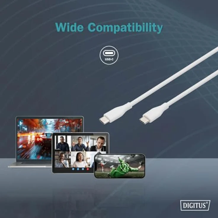 DIGITUS USB 2.0 Anschlusskabel - 1m - USB Typ-C zu Typ-C - High-Speed 480 Mbit/s - 60W Power Delivery - flexibles Silikonkabel - Weiß - für iPad, iPhone, Android Smartphones, Tablets, Laptops – Bild 2