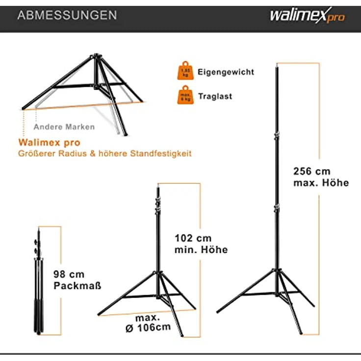 Walimex Pro WT-806 Lampenstativ 3er Set (max. Höhe 256 cm und Federdämpfung, inkl. 3 Transporttaschen) – Bild 3