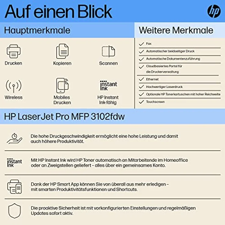 HP LaserJet Pro MFP 3102fdw Laserdrucker, Automatischer Duplex, Hohe Druckgeschwindigkeiten, WLAN, Ethernet, USB Hi-Speed, HP Smart App, HP Instant Ink, Multifunktionsdrucker – Bild 2