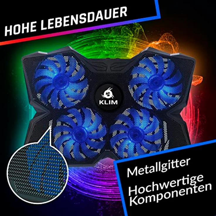 KLIM Wind Laptop Kühler, Cooling Pad mit 4 Lüftern, USB Powered, RGB, geeignet für 15-17 Zoll Laptops, leise und stabil – Bild 4
