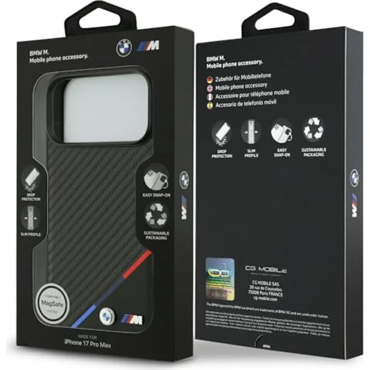 BMW M Carbon Tricolor Line MagSafe Handyhülle für iPhone 17 Pro Max, Schwarz mit Metall-Logo, 6,9 Zoll, Kantenschutz – Bild 8