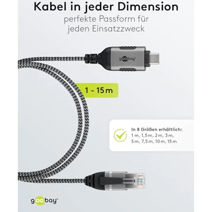 Goobay Ethernet-Kabel USB-C 3.1 auf RJ45 Slim, 10 m, CAT 6, bis 1 Gbit/s, schwarz-silber – Bild 5