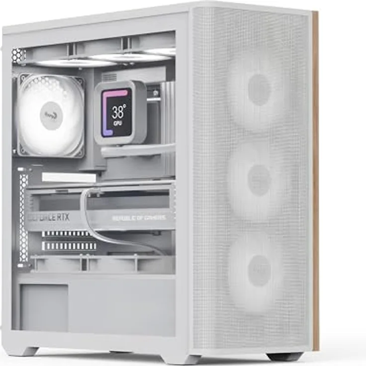 AeroCool Geh Midi D501A-G-WT-V2 (W/ Wood/ ATX) PC-Gehäuse mit Holzakzentuiertem Mesh-Frontplatten-Design