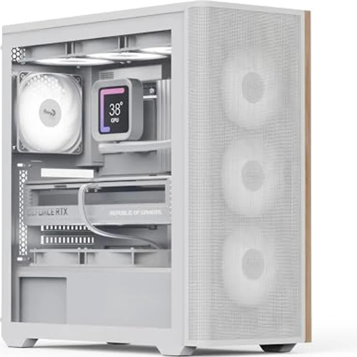 AeroCool Geh Midi D501A-G-WT-V2 (W/ Wood/ ATX) PC-Gehäuse mit Holzakzentuiertem Mesh-Frontplatten-Design – Bild 1
