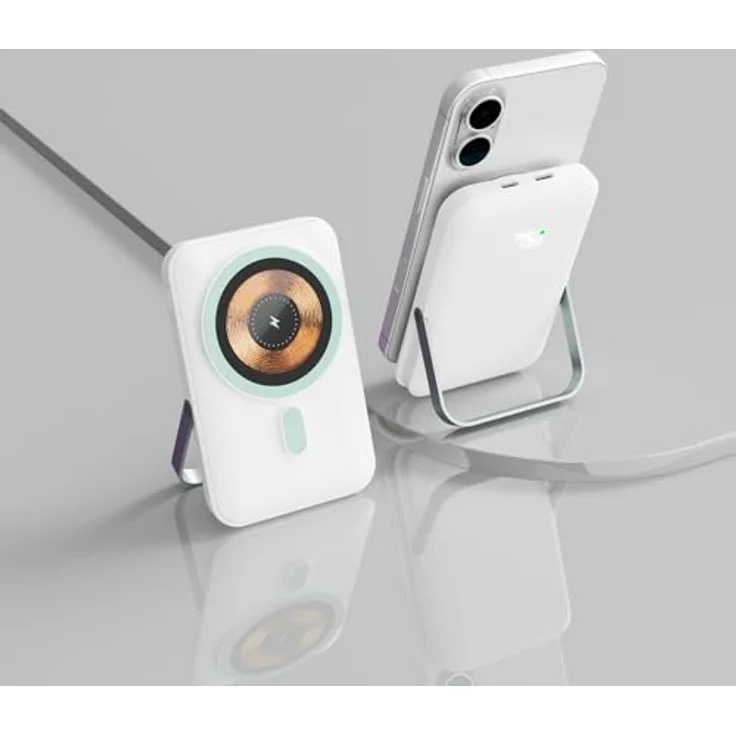 Qualo Power Bank 10000mAh, Induktive Schnellladestation mit 15W, Kabellos und Kompakt, Weiß, mit integriertem Ständer und LED Anzeige – Bild 2
