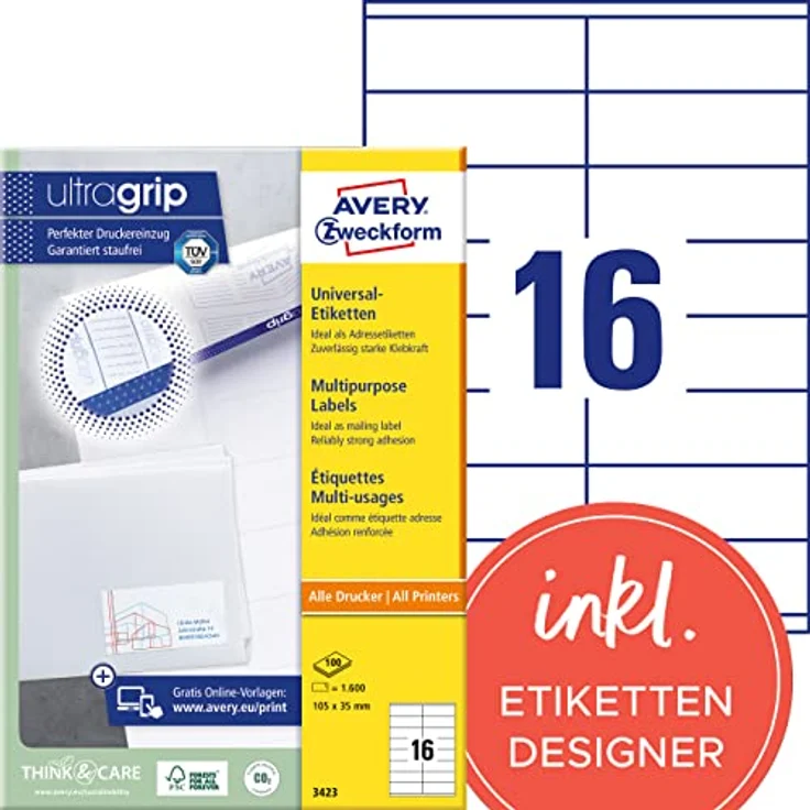 AVERY Zweckform 3423 Adressaufkleber (1.600 Klebeetiketten, 105x35mm auf A4, Papier matt, individuell bedruckbare Absenderetiketten, selbstklebende Adressetiketten mit ultragrip) 100 Blatt, weiß – Bild 1