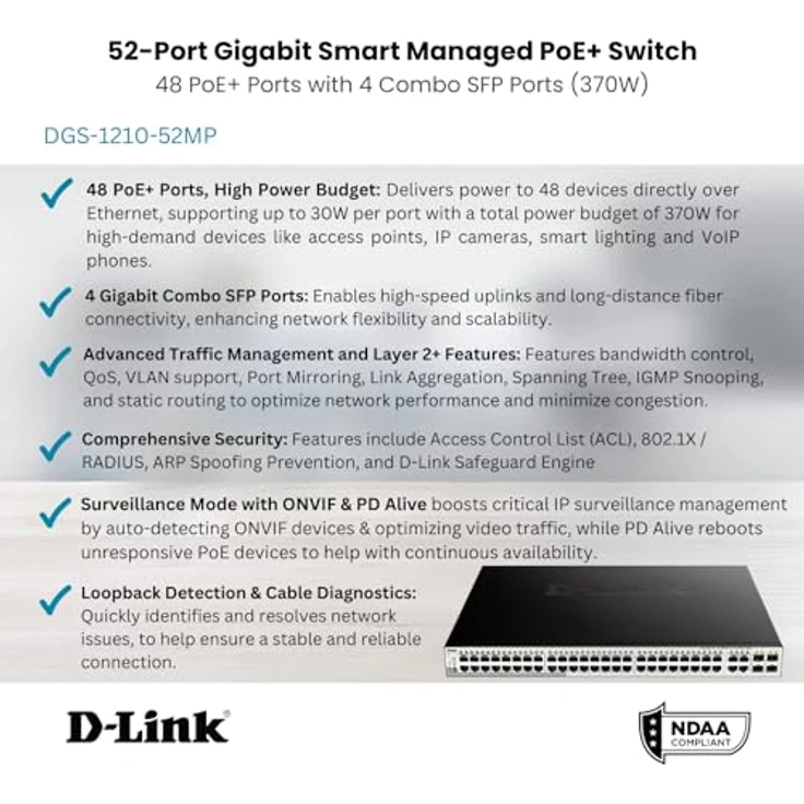 D-Link DGS-1210 Rackmount Gigabit Smart+ Switch, 48x RJ-45, 4x SFP, PoE+/PoE (DGS-1210-52MP) – Bild 3