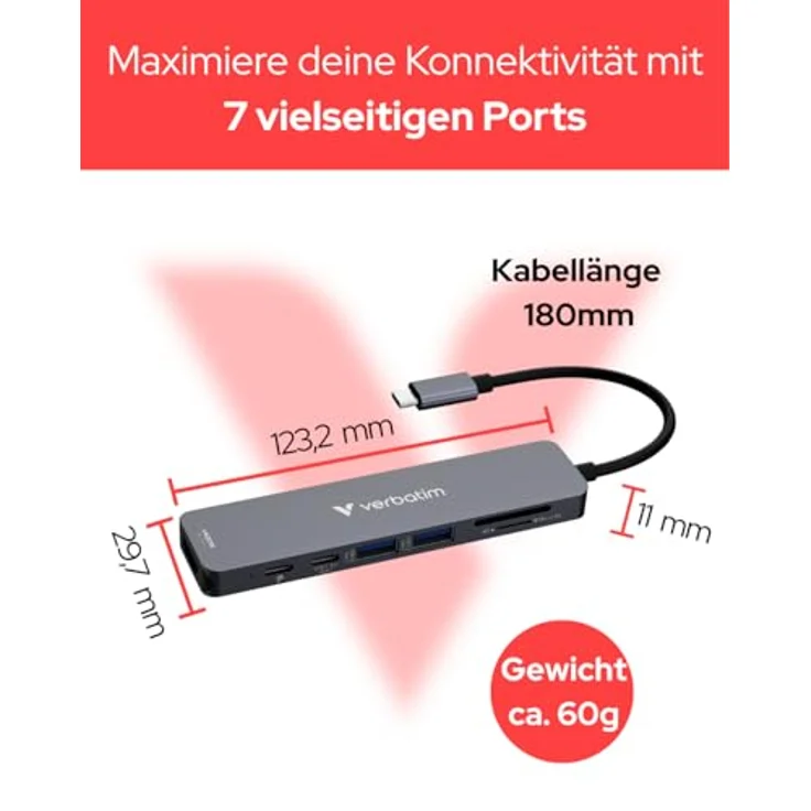 Verbatim 32158 USB-Hub, 5 GBit/s, grau, mit HDMI und 4K Videoausgabe, 2x USB 3.2, USB-C und SD/microSD Steckplätzen – Bild 3