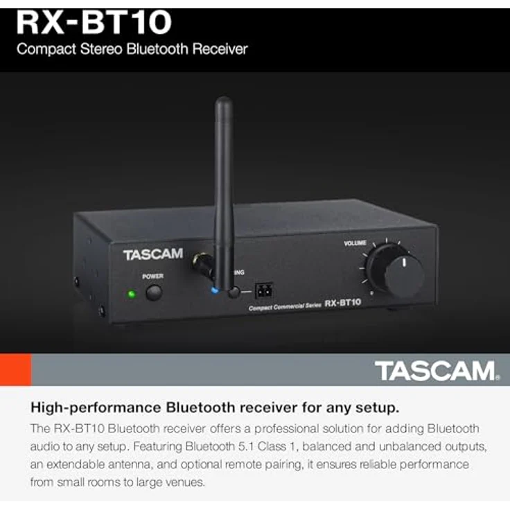 TASCAM RX-BT10, Kompakter Stereo-Bluetooth-Empfänger mit Bluetooth 5.1, XLR- und Cinch-Ausgängen, ausziehbarer Antenne und Halterungssatz – Bild 2