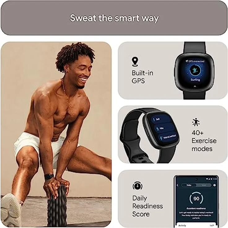 Fitbit Versa 4 Smartwatch GPS, Unisex, 40,5mm, Sportarmband in Blau + Schwarz, Aluminiumgehäuse in Graphit – Bild 4