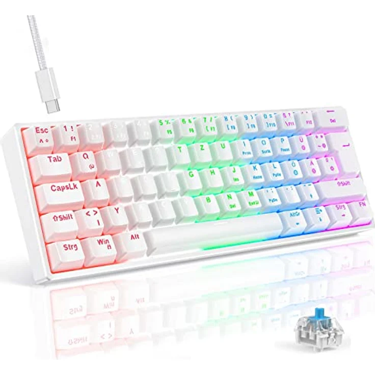 TECURS Gaming Tastatur, Mechanische Tastatur 60% TKL QWERTZ Blaue Schalter, Gamer Tastatur Kabelgebunden 61 Tasten für PC Windows/PS5/PS4, Weiß – Bild 1