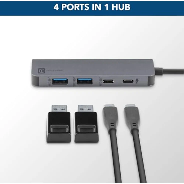 Cellularline HUB Starter, 4-Port-Hub mit 2 USB-A- und 1 USB-C-Anschluss, Metallgrau, USB-C Power Delivery bis zu 100W, elegant und robust – Bild 2