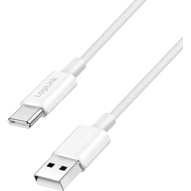 Logilink USB 2.0 Typ-C Anschlusskabel, A zu C, 60W, Nylon-Ummantelung, 0,5 m, Weiß – Bild 1