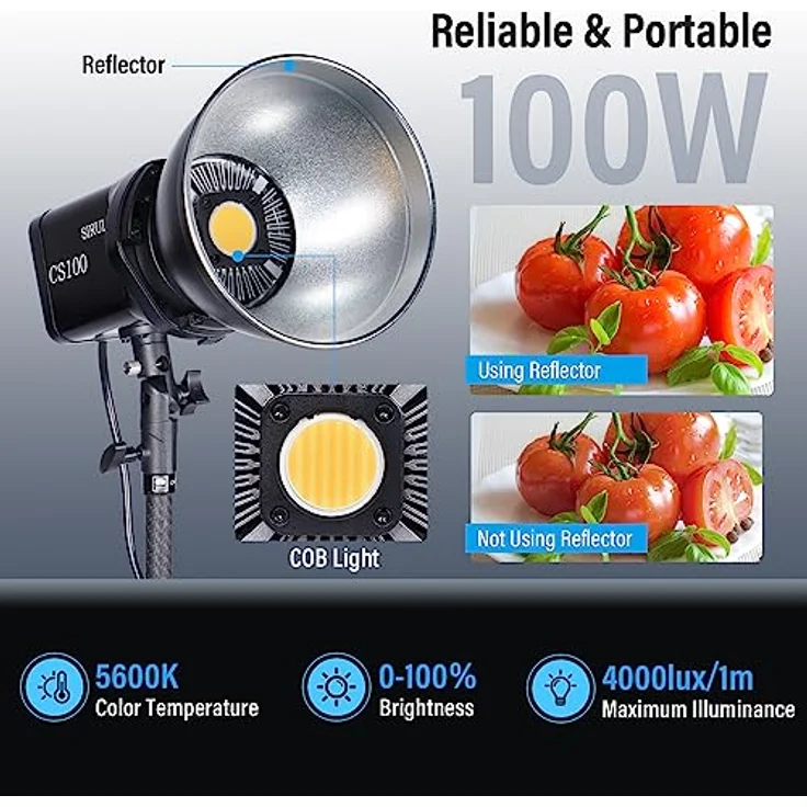 SIRUI CS100 100W LED-Videoleuchte, tragbare Tageslicht-Dauerbeleuchtung, 5600K CRI 96, TLCI 98 4000Lux/m, Bowens-Mount, 8 Spezialeffekte, APP-Steuerung - Aluminiumgehäuse, leicht und leistungsstark – Bild 2