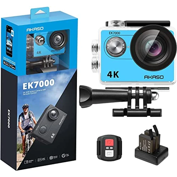 AKASO EK7000 Action Kamera, 4K 30FPS, 170° Weitwinkel, 20MP, WiFi, wasserdicht bis 30m, 2 Zoll LCD, blau, inklusive 2 Batterien – Bild 1